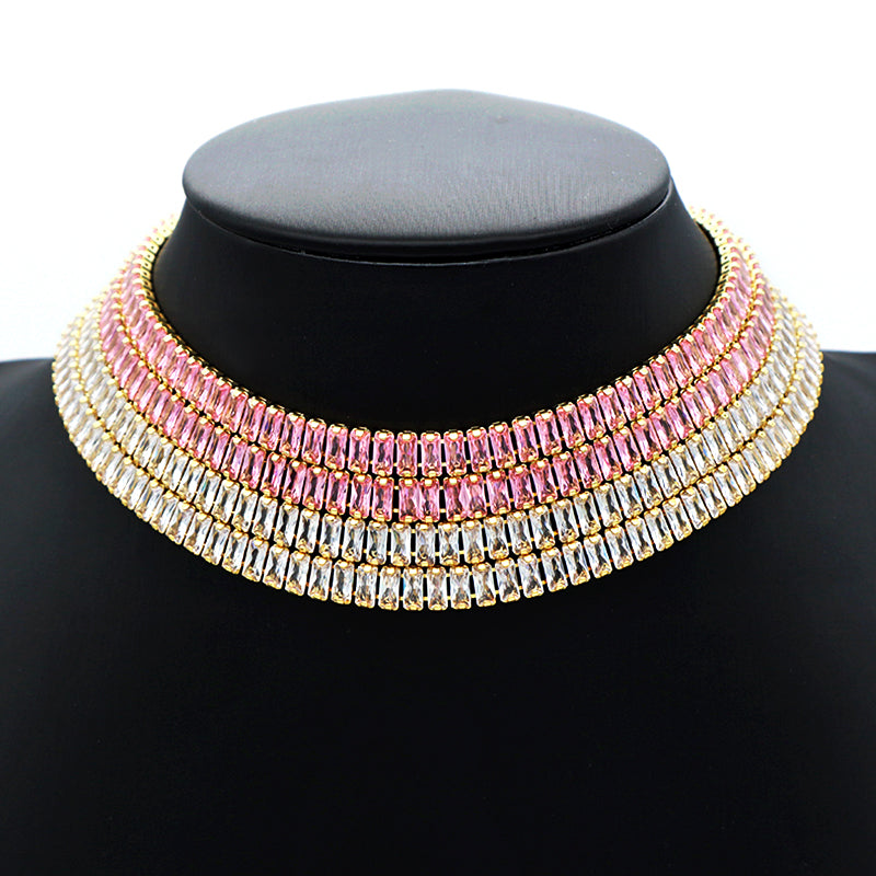 New Arrival Hip Hop 18K Gold Color Plated 1 Row Tennis Chain For Women Pink Bling Bling Full Diamond CZ Adjustable Necklace