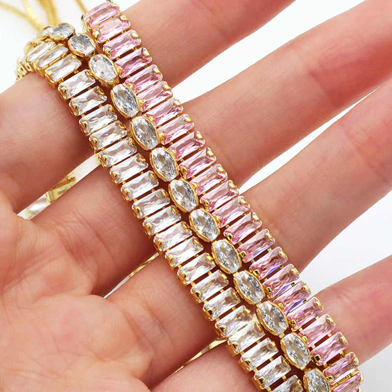 New Arrival Hip Hop 18K Gold Color Plated 1 Row Tennis Chain For Women Pink Bling Bling Full Diamond CZ Adjustable Necklace