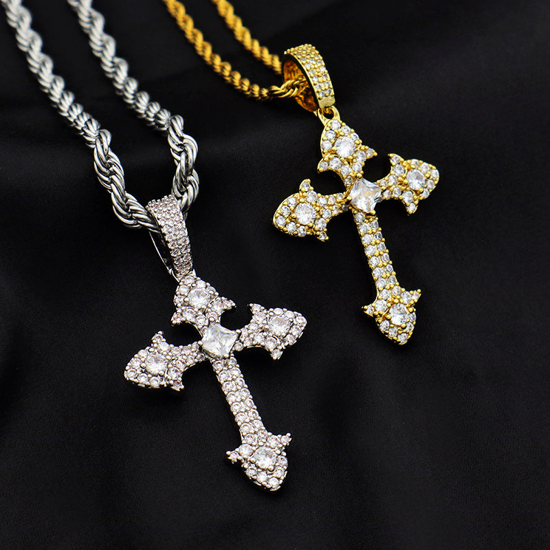 trendy jewelry gold plate 2021 with CZ pendant stainless steel chain Hip hop cross necklace
