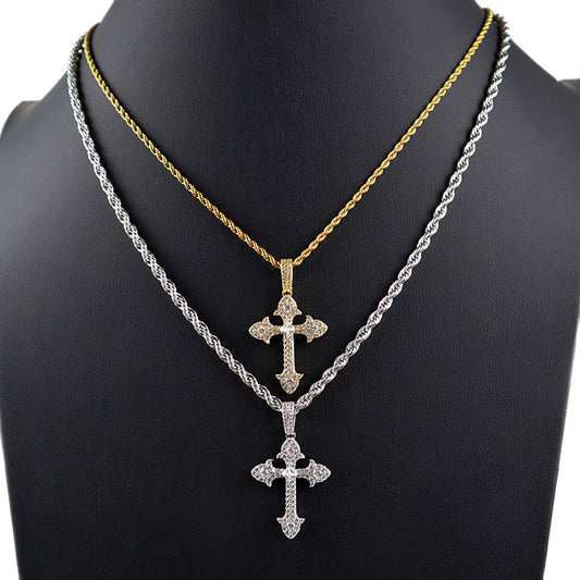 trendy jewelry gold plate 2021 with CZ pendant stainless steel chain Hip hop cross necklace