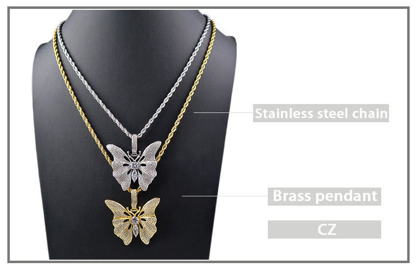 Top quality CZ setting pendant stainless steel chain 18K gold plated big butterfly necklace