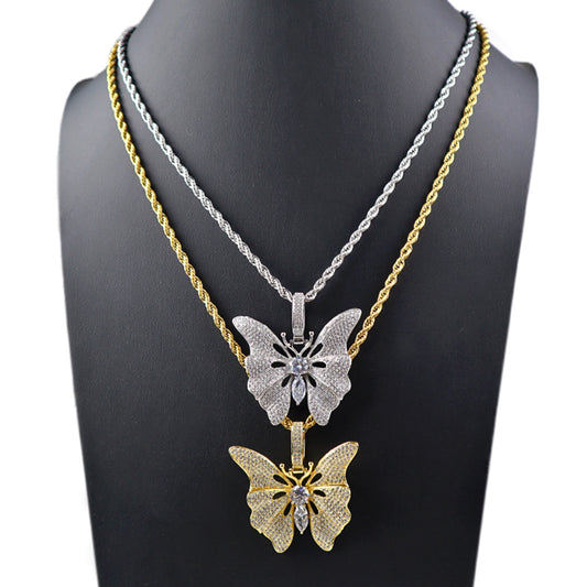 Top quality CZ setting pendant stainless steel chain 18K gold plated big butterfly necklace