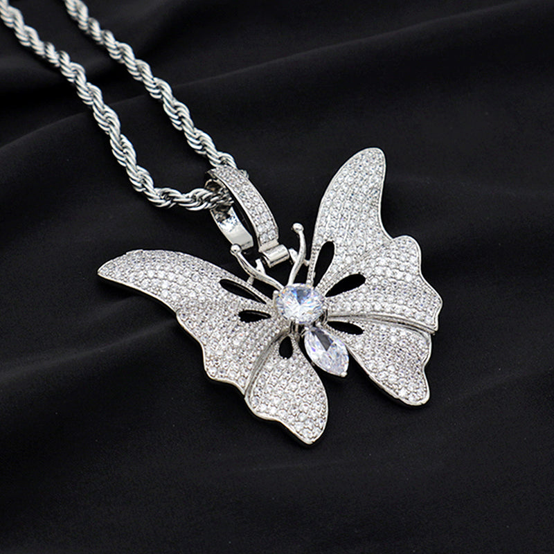 Top quality CZ setting pendant stainless steel chain 18K gold plated big butterfly necklace