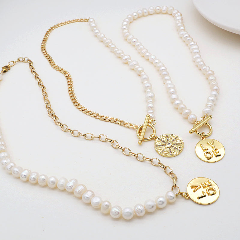 OEM Factory Manufacture Women Gold plated OT Clasp Toggle Round Eyes Love pendant Choker Necklace Fresh Water Pearl Jewelry necklace