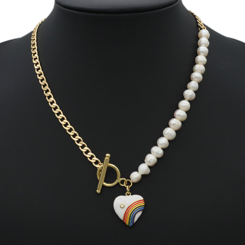 OEM Factory Manufacture Heart Shape Enamel Rainbow Color Pendant Charm Fresh water pearl jewelry Gold plated OT Buckle chain Choker necklace for Women