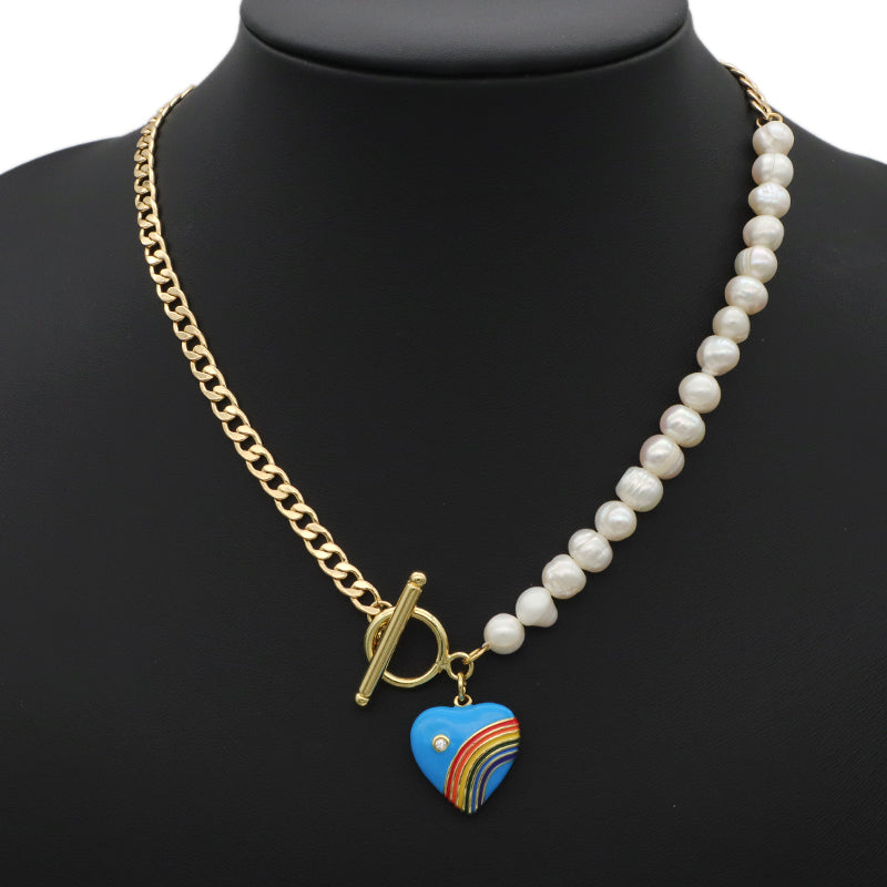 OEM Factory Manufacture Heart Shape Enamel Rainbow Color Pendant Charm Fresh water pearl jewelry Gold plated OT Buckle chain Choker necklace for Women