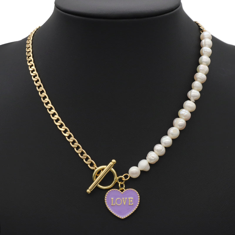 Factory Manufacture OEM Enamel Heart Pendant Charm OT Buckle Choker Jewelry Gold plated Fresh water pearl Beads chain necklace Jewelry set for women