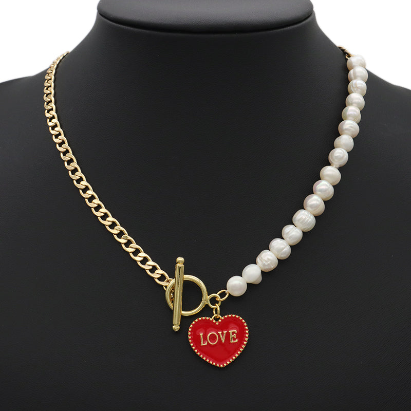 Factory Manufacture OEM Enamel Heart Pendant Charm OT Buckle Choker Jewelry Gold plated Fresh water pearl Beads chain necklace Jewelry set for women