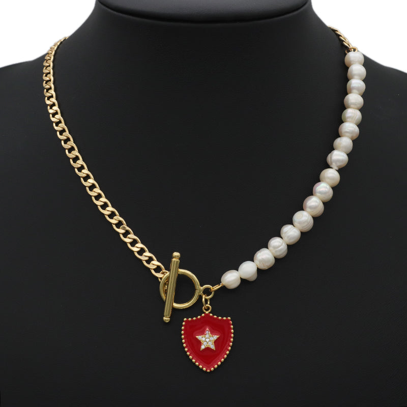 Wholesale ODM Factory Manufacture Fashion Women Fresh water pearl Brass Chain jewelry Gold plated OT Clasp Enamel CZ Star Charm Pendant Choker necklace