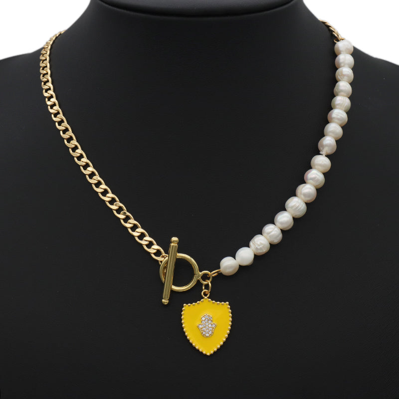 New Design Jewelry ODM Factory Manufacture Custom Gold plated CZ Enamel Hand Charm OT Buckle Brass Chain Choker Women Fresh water pearl Pendant necklace