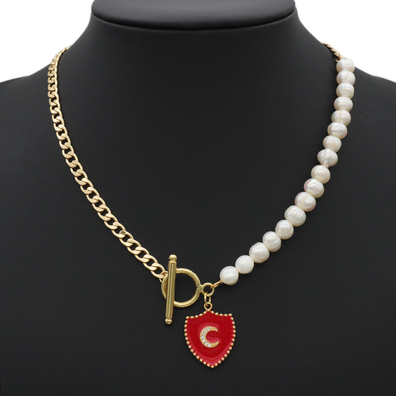 OEM Factory Manufacture Gold plated OT Clasp Enamel CZ moon Charm Pendant Choker Handmade Fresh water pearl necklace for teen girl women