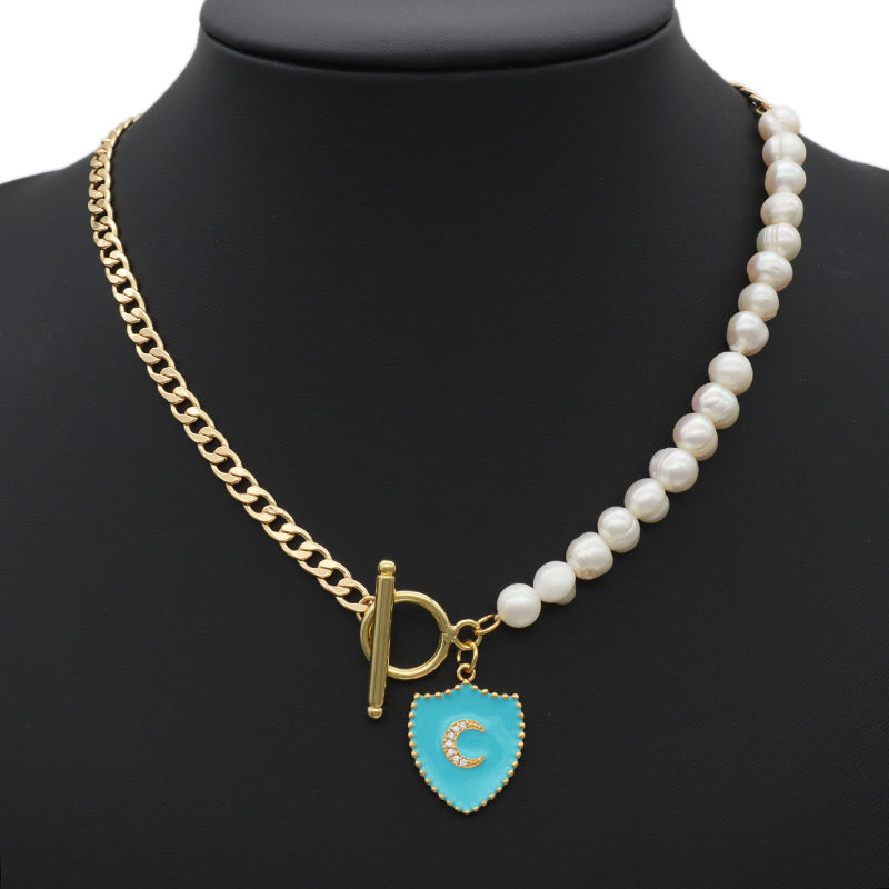OEM Factory Manufacture Gold plated OT Clasp Enamel CZ moon Charm Pendant Choker Handmade Fresh water pearl necklace for teen girl women