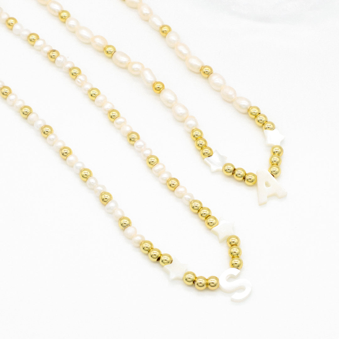 OEM Factory Manufacture Custom Elegant Women Girls Gold Plated Beads Choker accessory Jewelry Star fresh water pearl initial letter pendant necklace