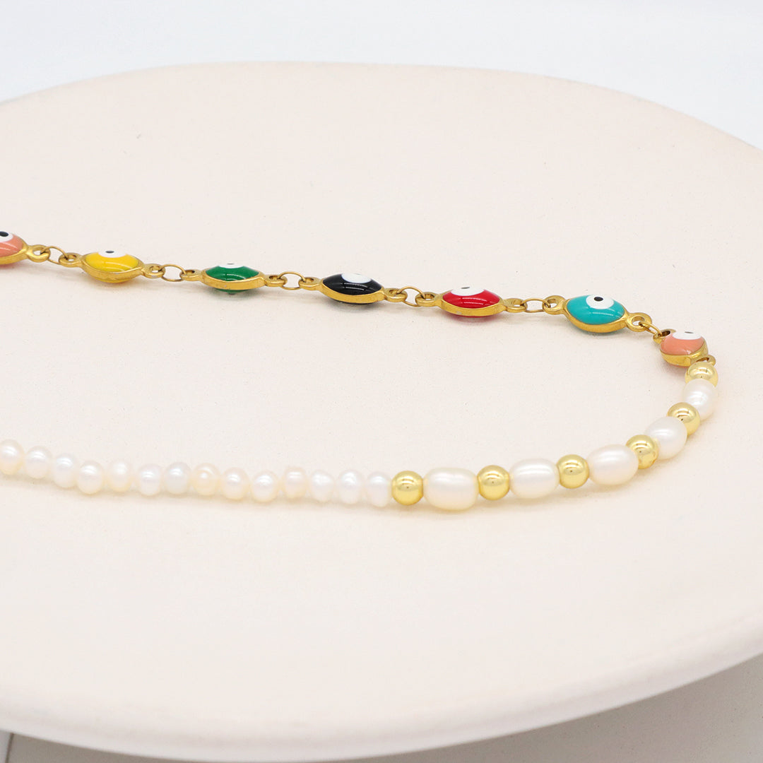 Newest Customized Jewelry OEM Gold Plated Stainless steel enamel evil eyes chain Handmade freshwater pearl Choker necklace for women
