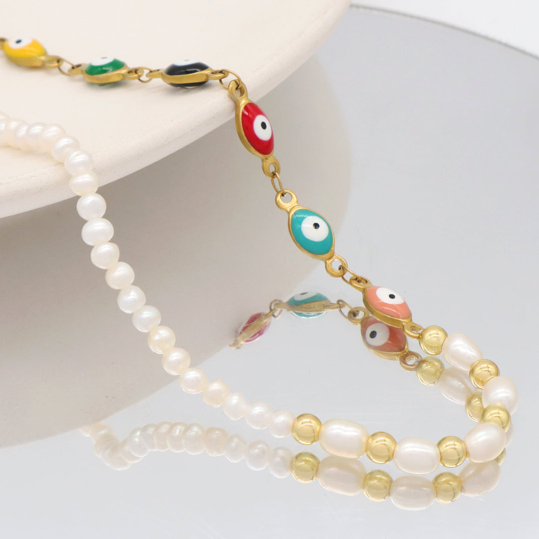 Newest Customized Jewelry OEM Gold Plated Stainless steel enamel evil eyes chain Handmade freshwater pearl Choker necklace for women