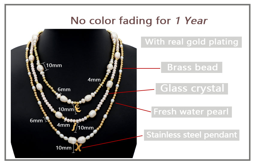 Fashion Women Customized Gold Plated Stainless Steel pendant Jewelry Handmade Glass Crystal fresh water pearl Beads necklace