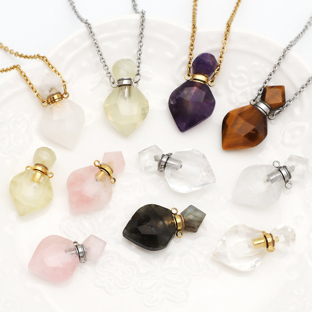 Pink Purple Various Color Custom Women Gift Gold plated stainless steel Chain perfume bottle natural stone pendant necklace