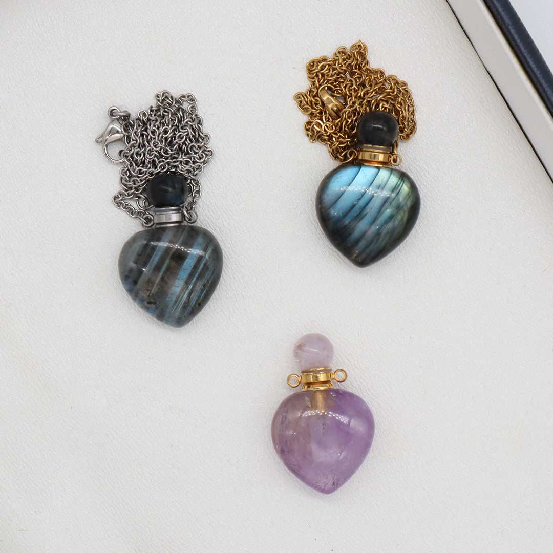 Custom Women Gift Jewelry Wholesale Blue Pink Natural Stone Pendant Gold plated stainless steel Chain perfume bottle necklace