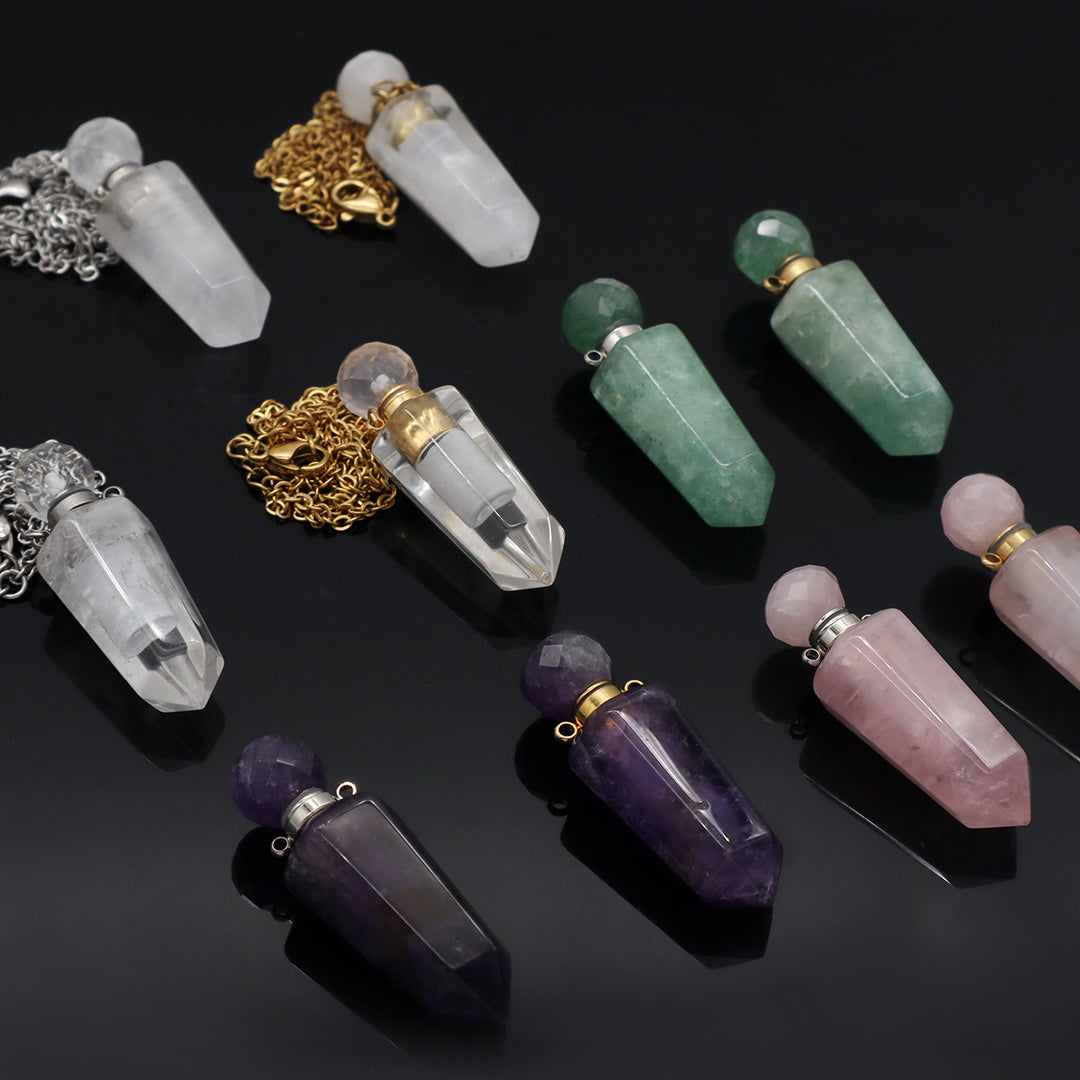 Purple Pink Green Natural Stone Jewelry 18K Gold Plated stainless steel Chain essential oil perfume bottle Pendant Necklace