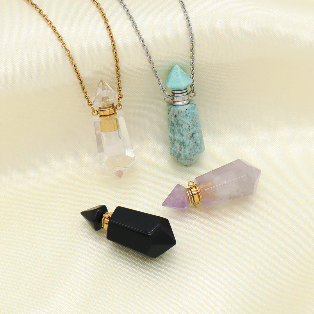 Custom Perfume Bottle 18K Gold plated stainless steel Chain light amethyst clear quartz amazonite onyx Natural Stone Necklace