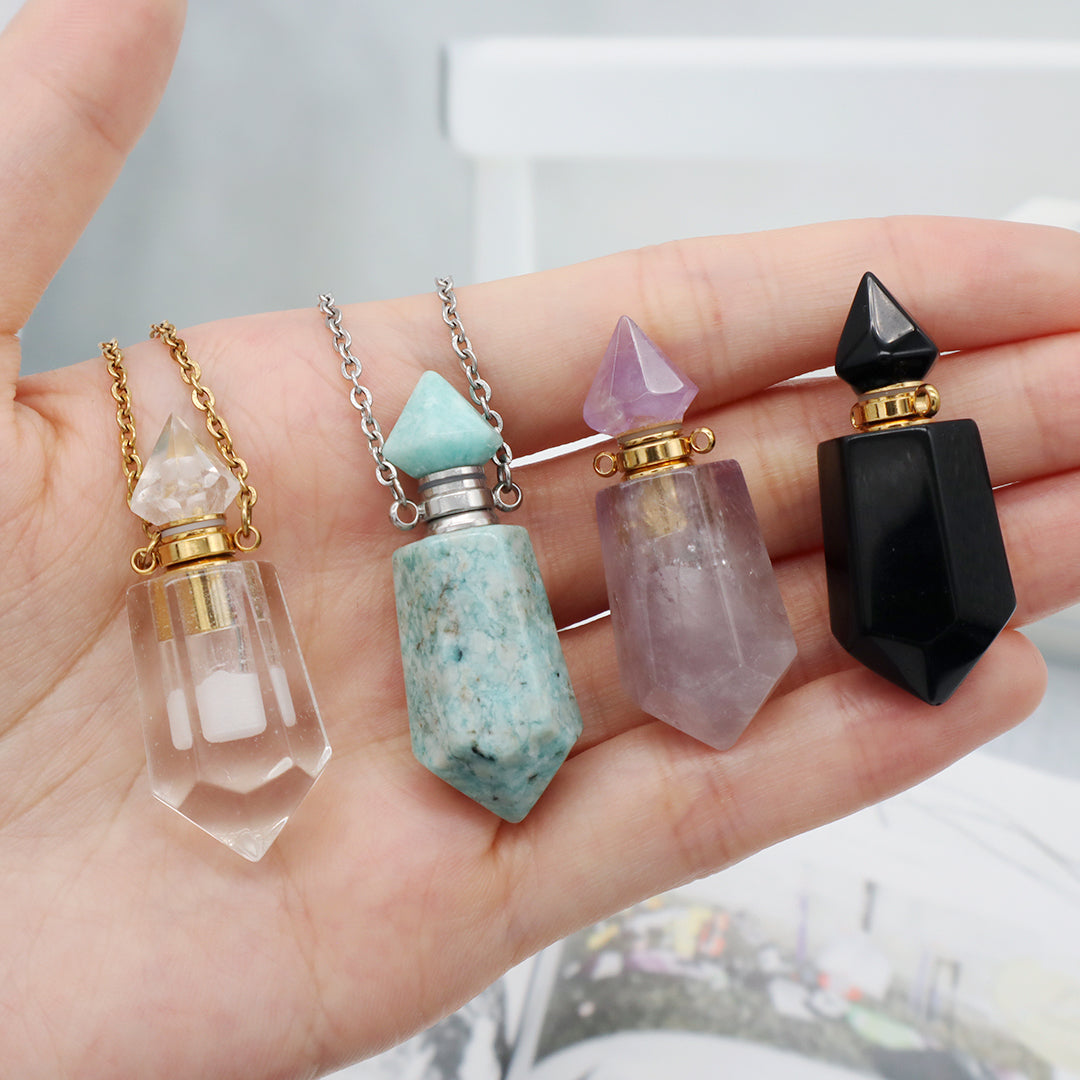 Custom Perfume Bottle 18K Gold plated stainless steel Chain light amethyst clear quartz amazonite onyx Natural Stone Necklace