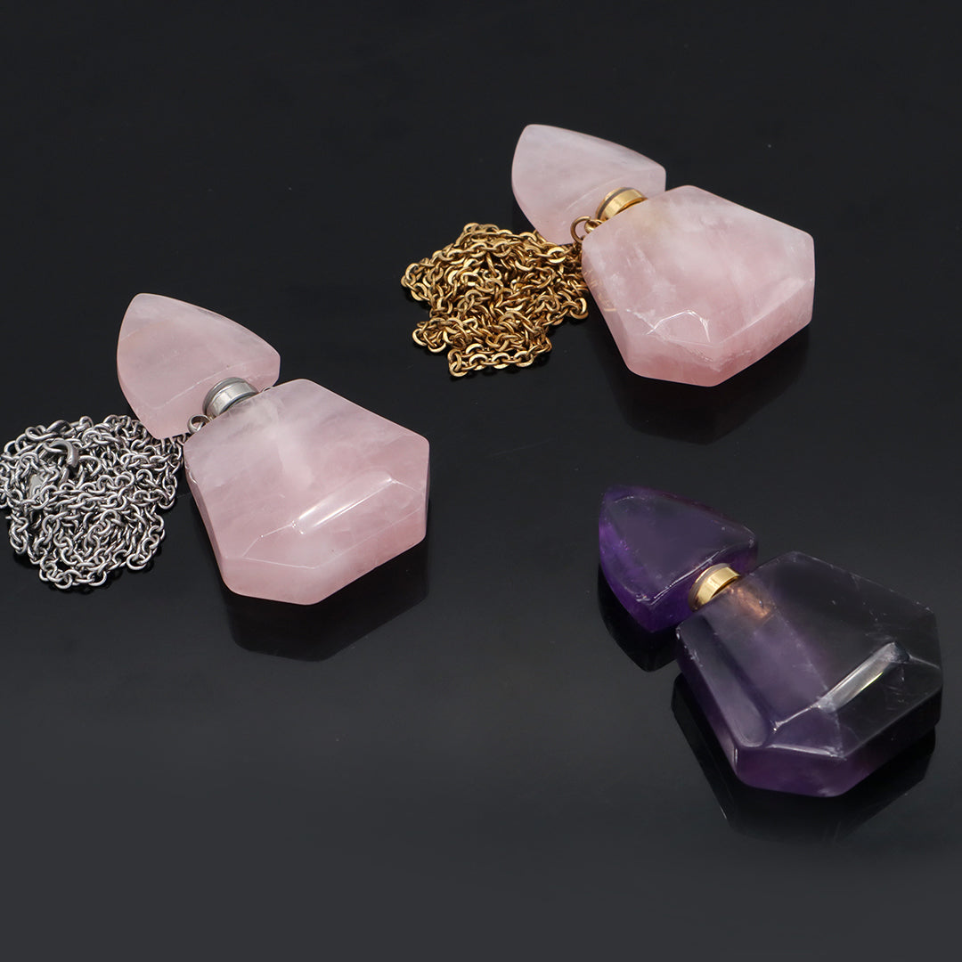Custom Women Girl Gift 18K Gold plated stainless steel Chain Natural Stone amethyst Pink quartz Perfume Bottle Pendant Necklace