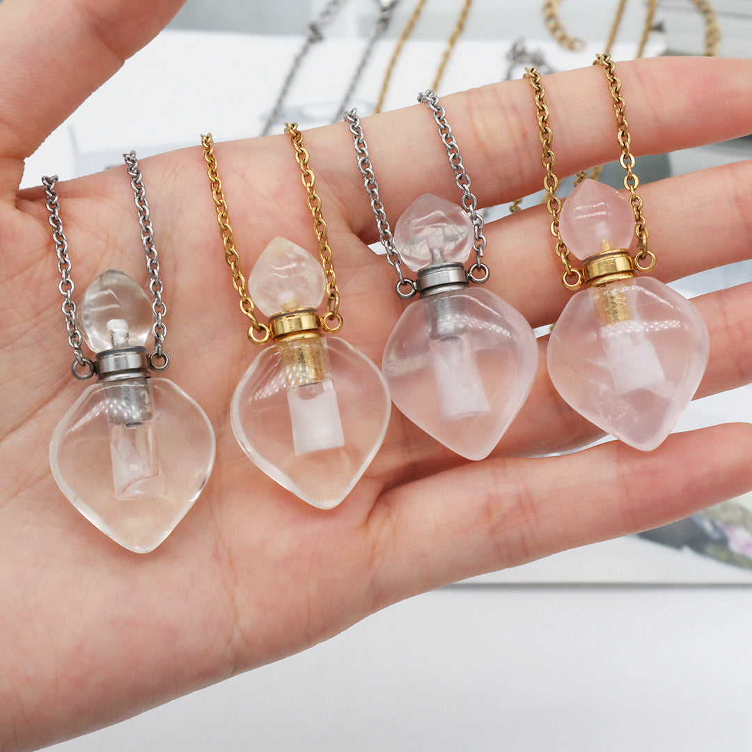 Natural Stone essential oil Pendant Jewelry 18K Gold Plated stainless steel Chain clear quartz amethyst perfume bottle Necklace