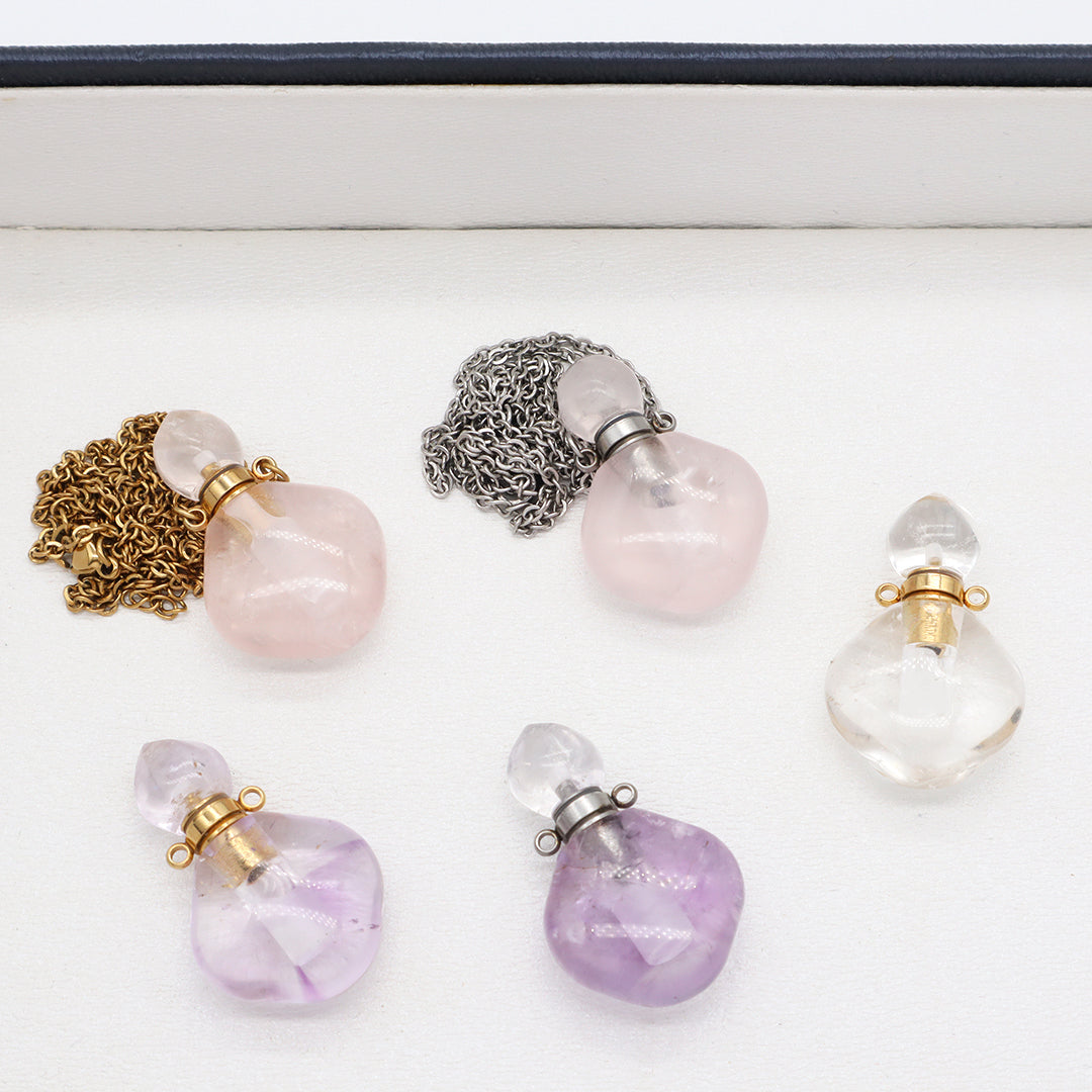 Custom Lady Pink quartz amethyst Natural Stone Pendant Gold plated stainless steel Chain essential oil perfume bottle Necklace