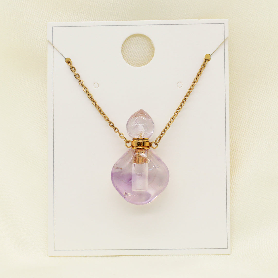 Custom Lady Pink quartz amethyst Natural Stone Pendant Gold plated stainless steel Chain essential oil perfume bottle Necklace