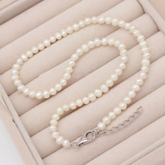Wholesale Rhodium Plated 925 Sterling Silver Chain Gift Handmade Ajustable 5mm Baroque Natural Freshwater Pearl Choker Necklace