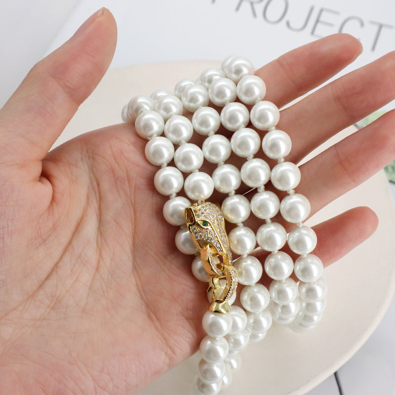 Custom China Factory Fashion OEM Handmade Wholesale Gold Plated CZ Brass Leopard Clasp 8mm Beaded Pearl Necklace For Women Gift