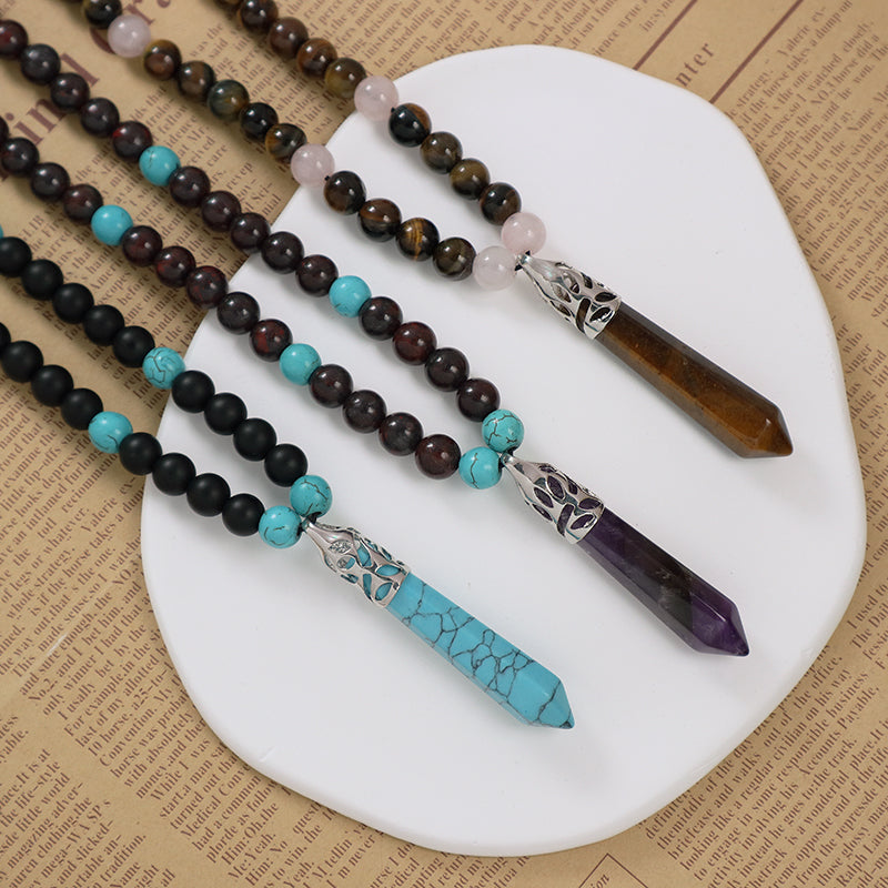 Wholesale Ajustable Woven Cord 8mm Natural Stone Beads OEM Handmade Customized Hexagon Pendant Macrame Necklace For Men Women