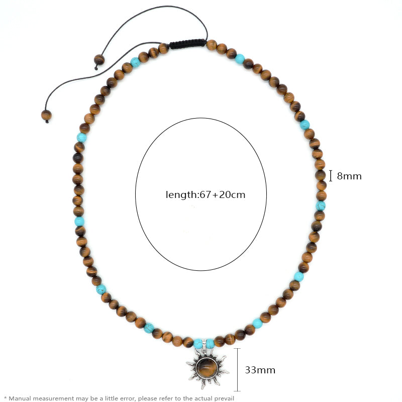 China Factory Custom OEM Handmade Wholesale Men Women Ajustable Woven Cord 8mm Natural Stone Beads Macrame Sun Pendant Necklace
