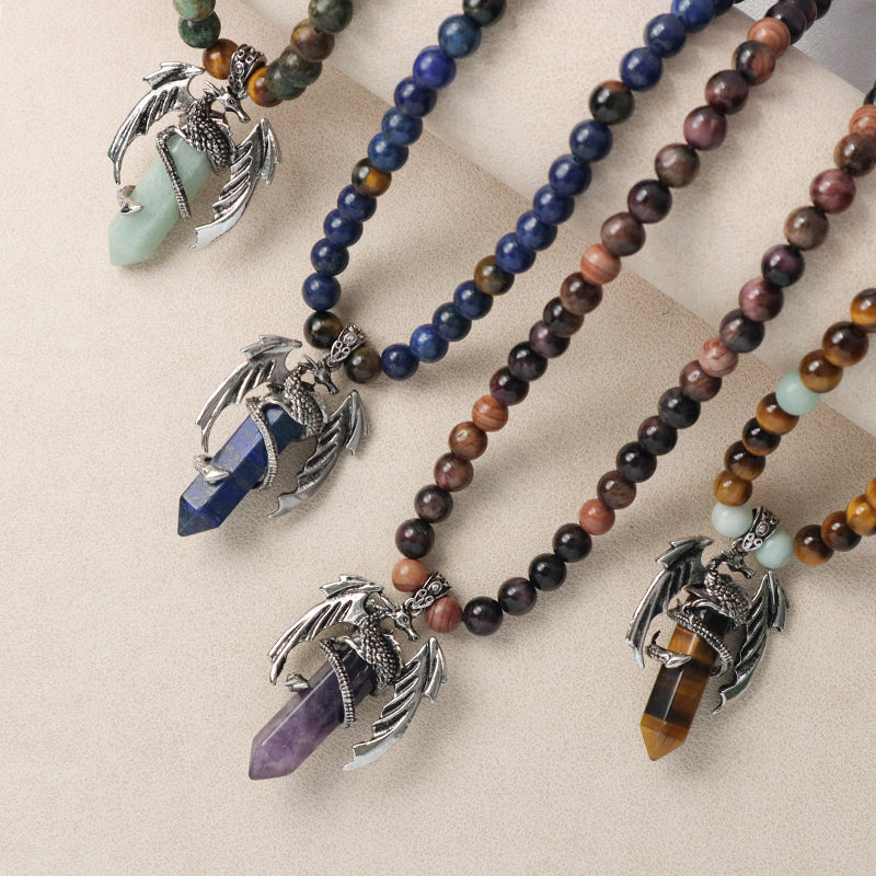 Wholesale OEM Handmade Woven Cord Custom 8mm Natural Stone Beads Ajustable Macrame Hexagon Dragon Pendant Necklace For Men Women