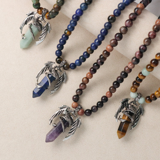 Wholesale OEM Handmade Woven Cord Custom 8mm Natural Stone Beads Adjustable Macrame Hexagon Dragon Pendant Necklace For Men Women