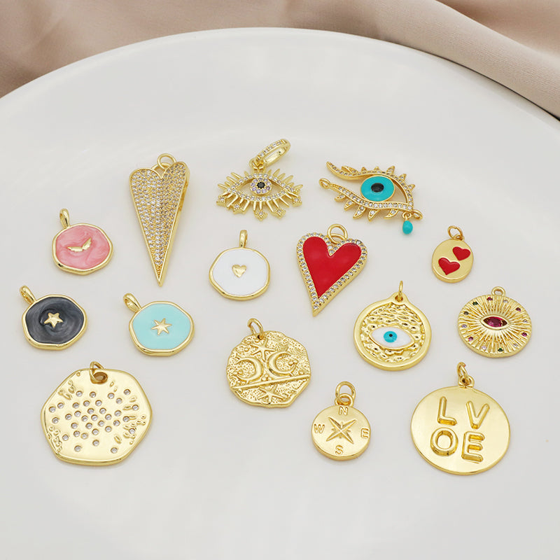 Wholesale New fashion jewelry enamel crystal heart eye pendant 18K gold plated pink green heart evil eyes charms pendant
