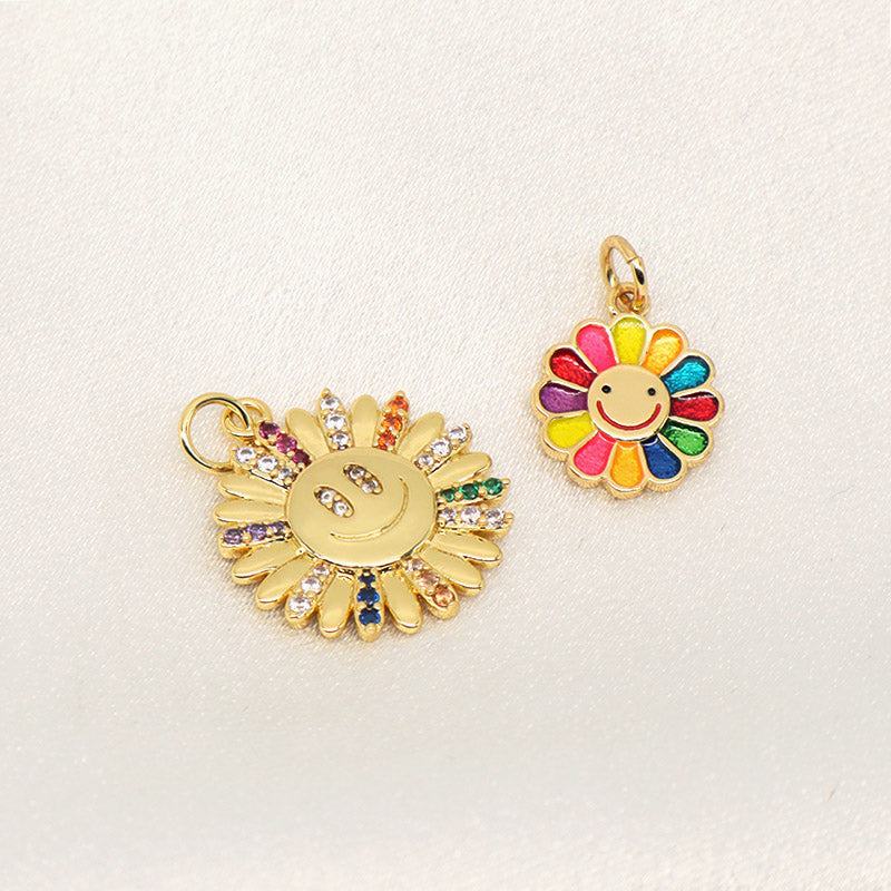Custom DIY Wholesale Women Cute Smiley Face Charm Pendant Jewelry CZ Gold Plated Colorful Enamel Flower Pendant For Necklace