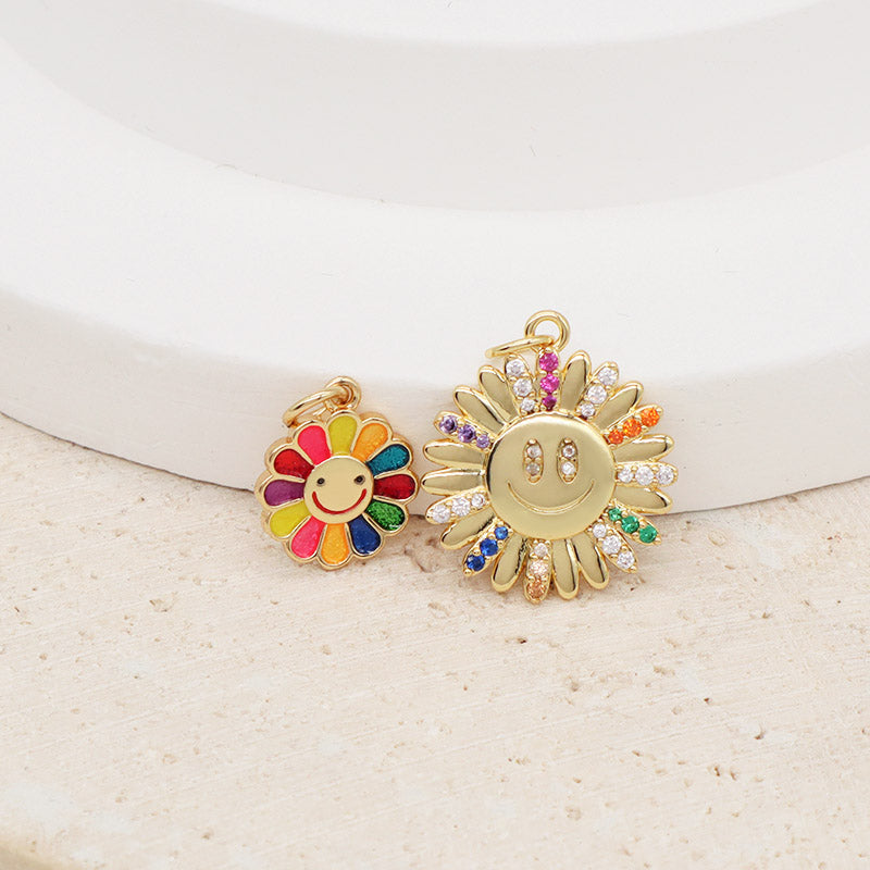 Custom DIY Wholesale Women Cute Smiley Face Charm Pendant Jewelry CZ Gold Plated Colorful Enamel Flower Pendant For Necklace
