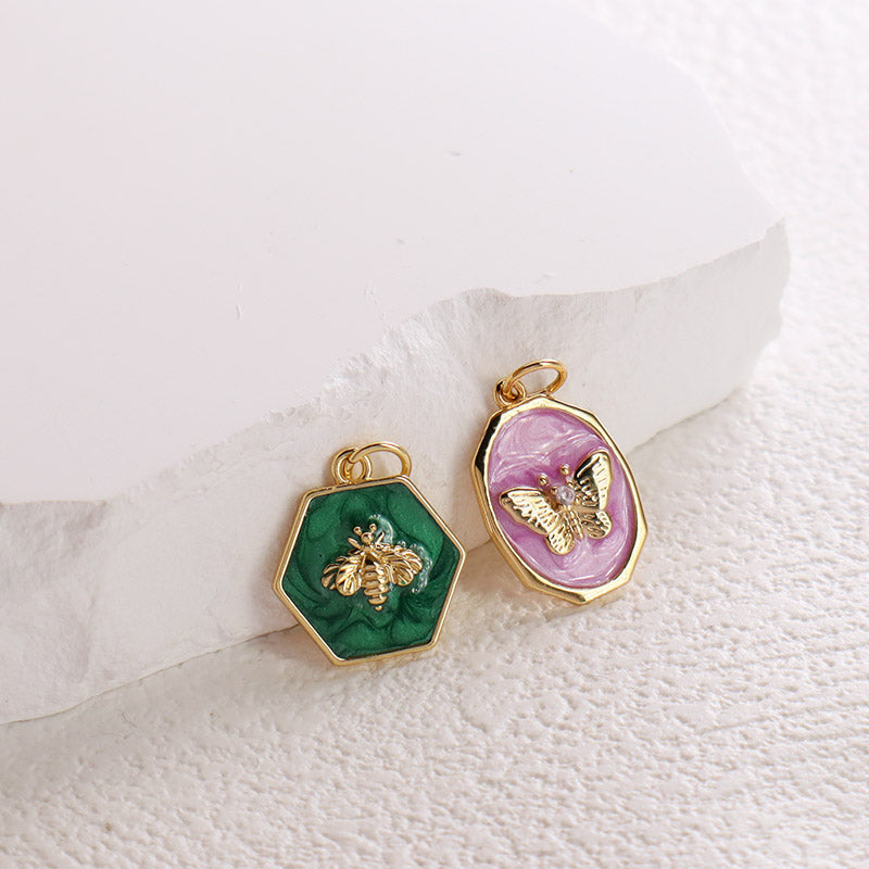DIY Custom Wholesale Women Pink Green Enamel Butterfly Charm Pendant Jewelry CZ Gold Plated Bee Butterfly Pendant For Necklace