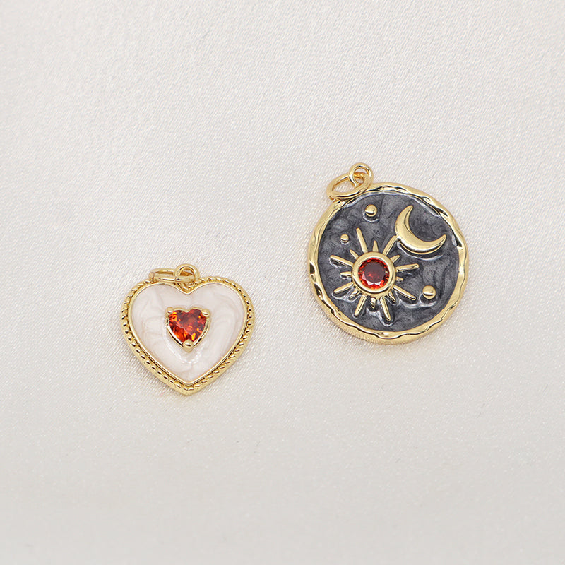 Wholesale DIY Custom Women Black White Enamel Love Heart Charm Necklace Pendant Jewelry CZ Gold Plated Sun Crescent Moon Pendant