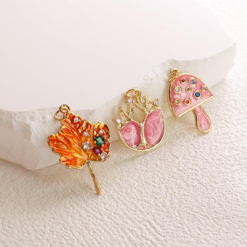 DIY Custom Wholesale Women Pink Orange Leaf Charm Pendant Jewelry CZ Gold Plated Enamel Leaf Tree Mushroom Pendant For Necklace