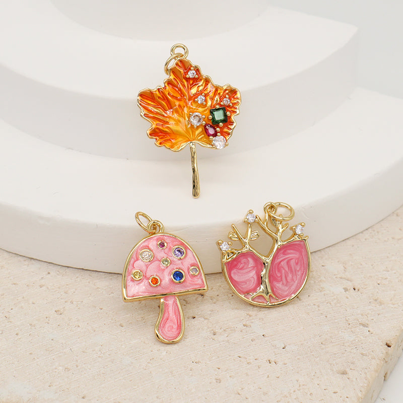 DIY Custom Wholesale Women Pink Orange Leaf Charm Pendant Jewelry CZ Gold Plated Enamel Leaf Tree Mushroom Pendant For Necklace