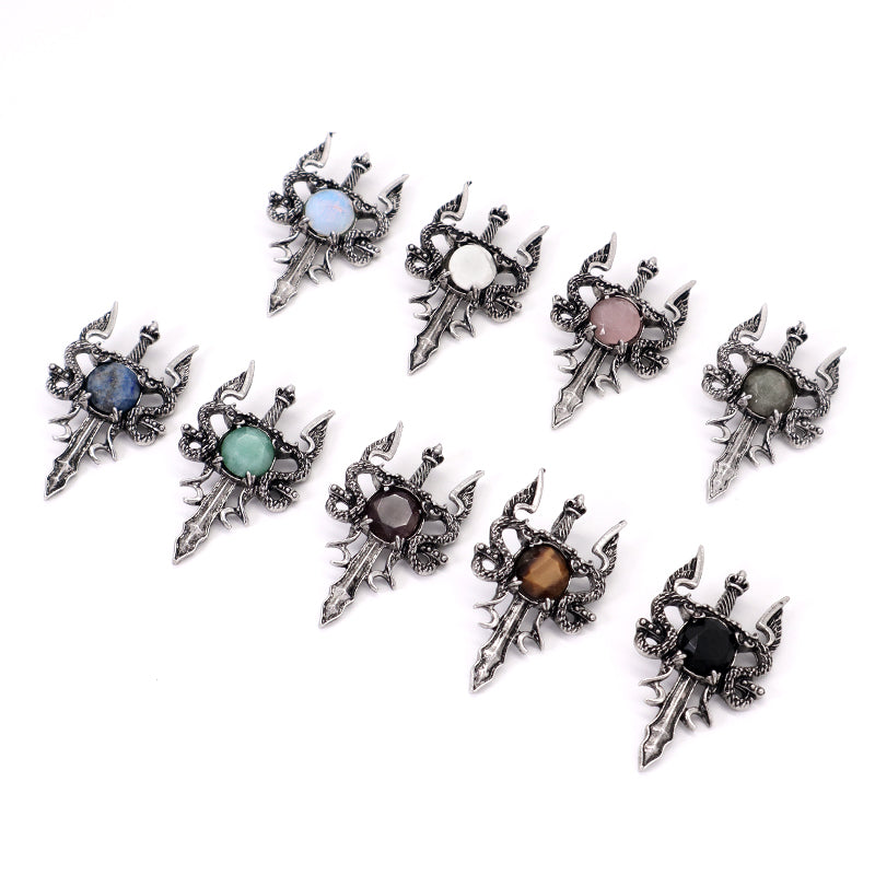 Wholesale Various Healing Stone Alloy Sword Charm Necklace Pendant Jewelry Black Plated Dragon Sword Natural Stone Pendant
