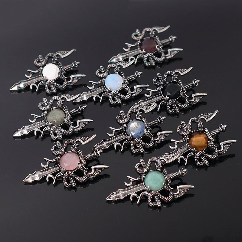 Wholesale Various Healing Stone Alloy Sword Charm Necklace Pendant Jewelry Black Plated Dragon Sword Natural Stone Pendant