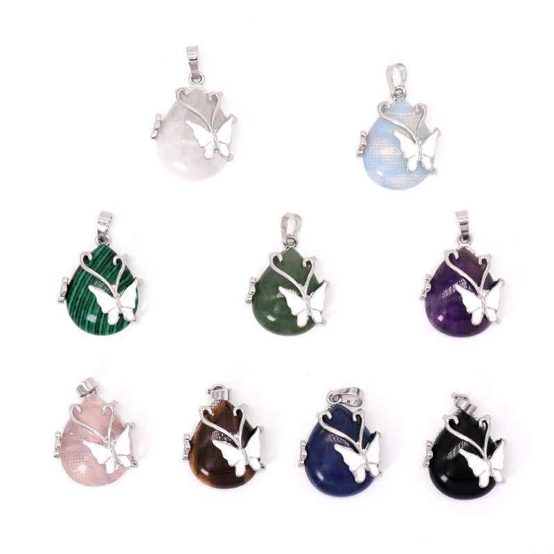 Wholesale Healing Stone White Enamel Butterfly Waterdrop Charm Necklace Pendant Rhodium Plated Natural Stone Butterfly Pendant