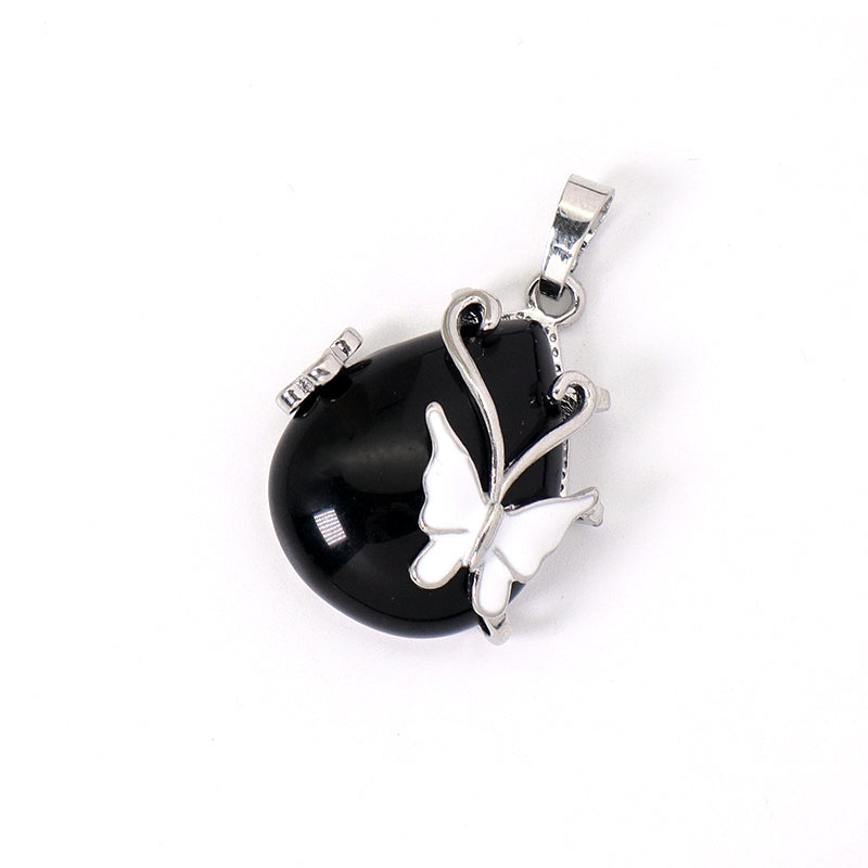 Wholesale Healing Stone White Enamel Butterfly Waterdrop Charm Necklace Pendant Rhodium Plated Natural Stone Butterfly Pendant