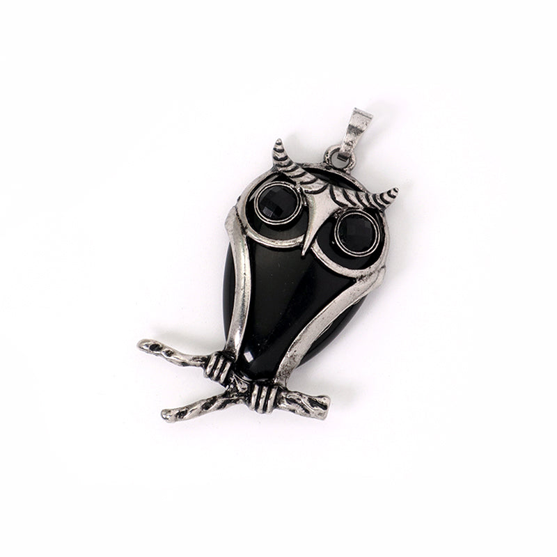 Custom China Factory Wholesale Healing Stone Alloy Owl Charm Pendant Jewelry Black Plated Natural Stone Owl Pendant For Necklace