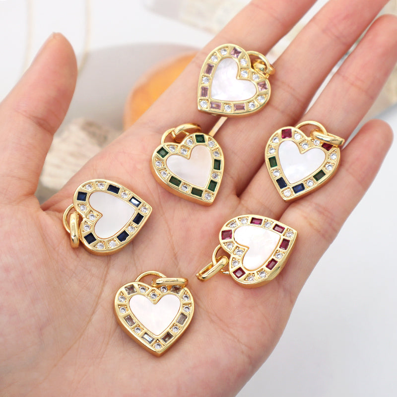 DIY Various Color Custom Shell Heart Shape Charm Pendant Jewelry CZ Gold Plated Natural Shell Heart Pendant For Necklace Making