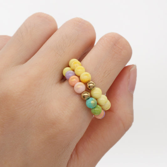 Custom Women Colorful Handmade Bohemia 5mm Natural Semi-precious Stone Gold Plated Elastic Gemstone Natural Stone Beaded Ring