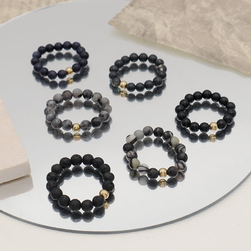 OEM 5mm Natural GemStone Bead Gold Plated Custom Handmade Natural Stone Beads Ajustable Elastic Black Lava Ring For Women Men